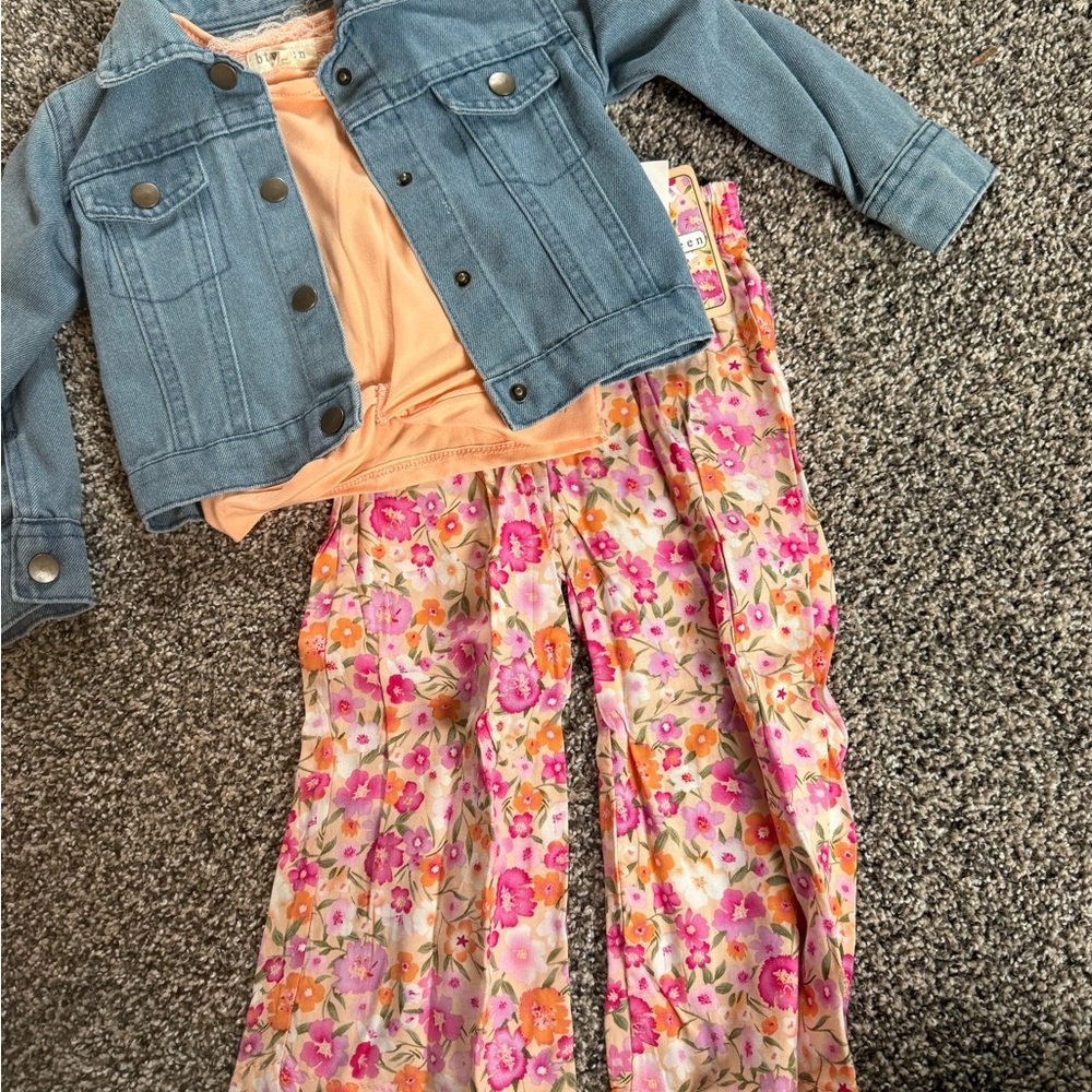 btween Toddler Girl Blue Jean Jacket and Floral Pants Matching Set Size 2T NWT